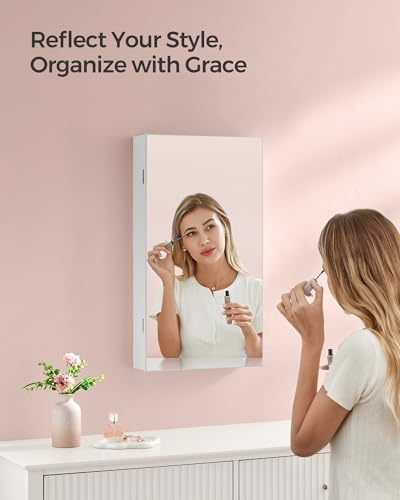 SONGMICS Lockable Jewelry Cabinet Armoire with Mirror, Wall-Mounted - color: White, style: Simple LED