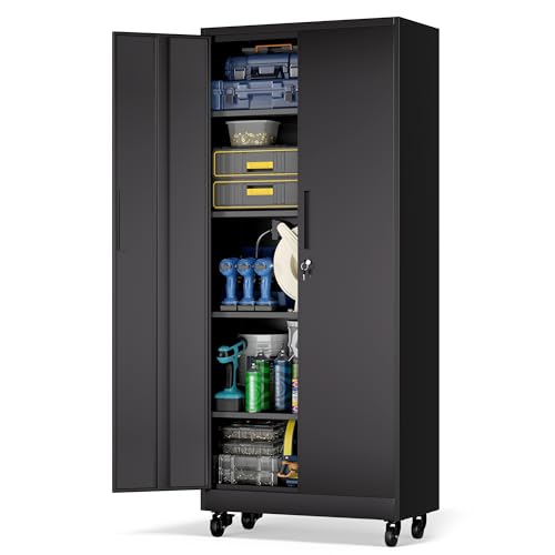 Metal Storage Cabinet for Garage, Tool Cabinet, Utility Cabinet - color: Black, size: L - 2 Doors & 5 Shelves (Wheeled)