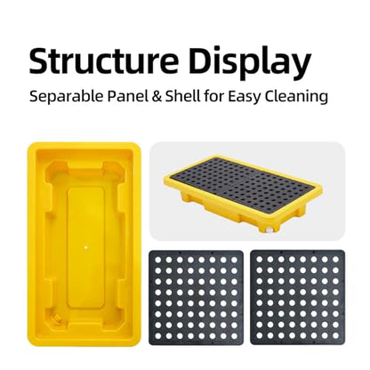 2 Pcs Spill Containment Pallet, 2-Drum Plastic Platform with Drain Outlet, 2000Lbs Load 26”x14”x4.7”, Leakproof Stackable Tray for Garage/Kitchen/Basement/Industrial Storage