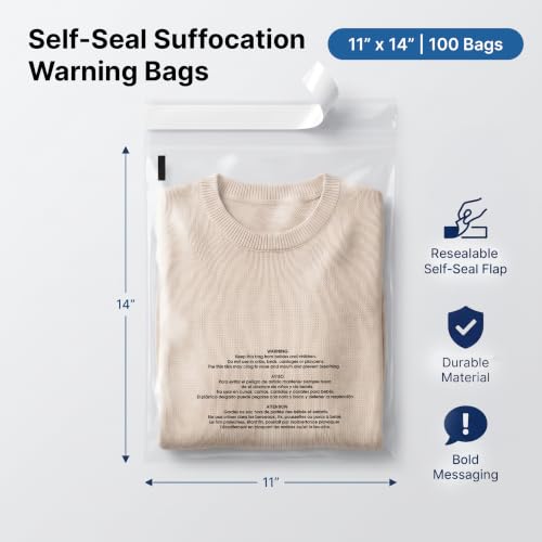 11” X 14” (100 Count) Self Seal Clear Poly Bags with Suffocation Warning - size: 11" X 14"