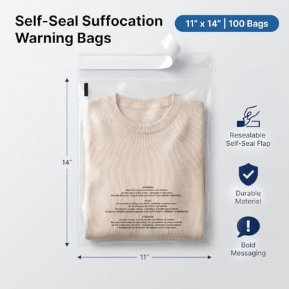 11” X 14” (100 Count) Self Seal Clear Poly Bags with Suffocation Warning - size: 11" X 14"
