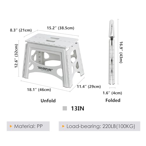 Folding Step Stool, 13IN Step Stool for Adults, Collapsible Camping Stool for Indoor and Outdoor Use, Picnic, White