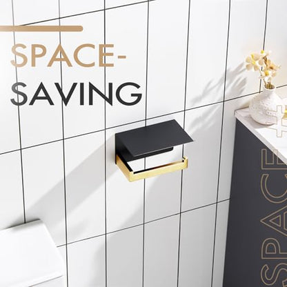 KOKOSIRI Toilet Paper Holders with Shelf Bathroom Toilet Paper Roll Holder Wall Mounted T-304 Stainless Steel, Matte Black and Gold B2010GDK (Pack of 2) - color: Black Gold, size: With Shelf(2 Pack)