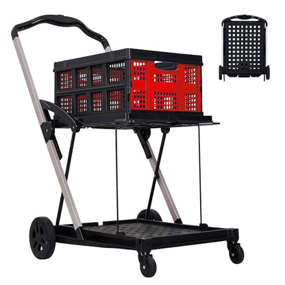 Foldable Shopping Cart, 1 Storage Crate, 2 Tier Collapsible Utility Cart - color: Red