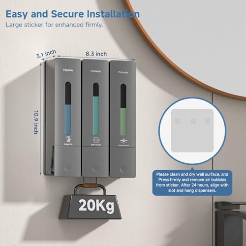 Shampoo and Conditioner Dispenser - Shower Soap Dispenser Wall Mounted No Drill - Shampoo Conditioner Body Wash Dispenser 3 Chamber - Easy Install for Bathroom Hotel Gungrey 1200ml - color: Grey 3
