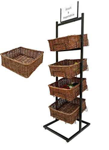FixtureDisplays® 4 Tier Basket Stand Wicker Basket Bakery Rack Produce Stand Food Rack Fruit, Wicker - Black 120005-NPF
