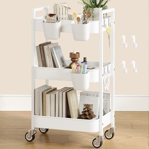 Nunsino 3 Tier Rolling Cart,Utility Cart with Locking Wheels, Hanging Cups,&Hooks, Heavy Duty Metal Storage Organizer Cart for Kitchen,Office, Bathroom,Craft Room,White - color: White