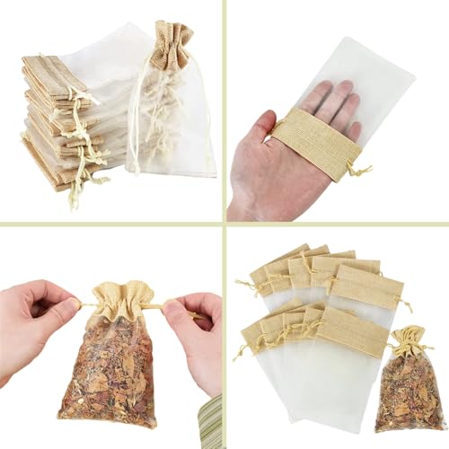 GULELAYAR 30pc Linen Jute Organza Bags - 4x6 Inch Mesh Chiffon Gift Candy Jewelry Pouches Drawstring Bags for Wedding Easter Party Favors Christmas
