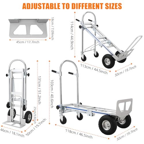 Aluminum Hand Truck, 3-in-1 Convertible Folding Cart with 770 lbs Capacity, Heavy Duty Dolly with Swivel Rubber Wheels & Brakes for Warehouse, Home, Moving, Industrial Use (Model: FST-HT01)