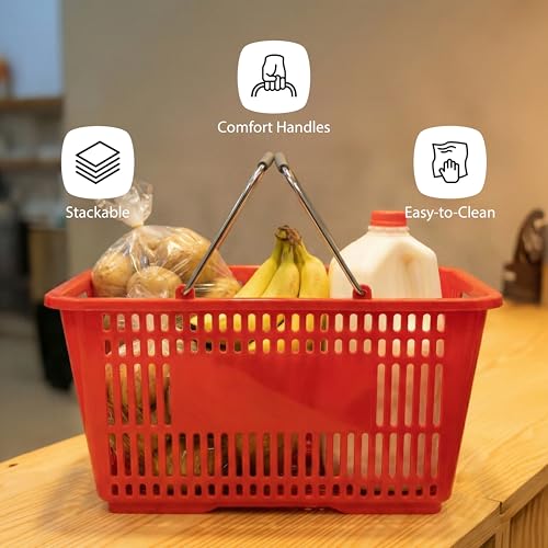 Restaurantware Plastic Shopping Basket, Red, with Steel Handles - style: Steel Handles