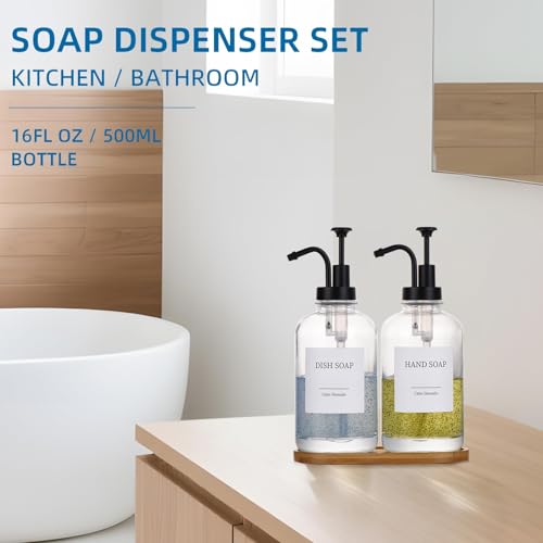 Glass Soap Dispenser with Pump, Dish and Hand Soap Dispenser for Kitchen Bathroom Set, Clear Glass Dispenser Set of 2 Pack with 18 Stickers Funnel Bamboo Tray 500ml 18oz / Each Bottle Sliver Pump - color: Glass+black Pump