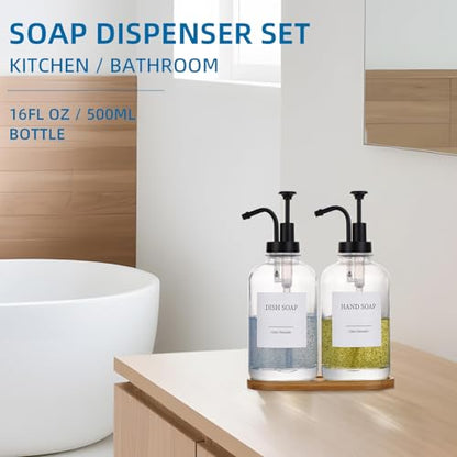 Glass Soap Dispenser with Pump, Dish and Hand Soap Dispenser for Kitchen Bathroom Set, Clear Glass Dispenser Set of 2 Pack with 18 Stickers Funnel Bamboo Tray 500ml 18oz / Each Bottle Sliver Pump - color: Glass+black Pump