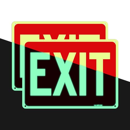 T&R Exit Sign - 2 Pack - 10 x 7 Inches Rust Free .040 Aluminum Glow-In-The-Dark - UV Protected, Waterproof, Weatherproof and Fade Resistant - 4 Pre-drilled Holes - color: Red - 10" x 7" - 2 pack - Glow-In-The-Dark
