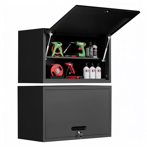 Wall Mounted Metal Storage Cabinet, Garage Hanging Tool Cabinet - color: Black, size: S - Flip-up Door & Shelves (Wall)