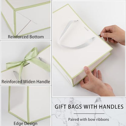 STOBOCTER 12 Pcs Thank You Gift Bags with Handles 12.6x4x9.1'' Elegant Paper Gift Bags with Bow Ribbon Gift Wrap Bags for Wedding Bridal Shower Father's Day Housewarming Birthday(White, Sage Green) - color: White, Sage Green, size: 1 Count (Pack of 12)