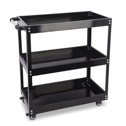 3-Tier Utility Cart, 330 Lbs Load Capacity, Heavy Duty Rolling Tool Cart with Wheels, Black Steel Service Cart for Workshop and Garage Storage