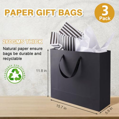 Plauthus 15.7" Black Gift Bags, 3 Pack, Tissue Paper, Ribbon Handle - color: black-XL-3pcs