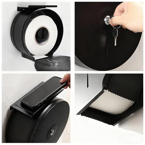 Commercial Jumbo Toilet Paper Dispenser with Shelf, Black Stainless Steel Toilet Paper Holder Wall Mount, 9 Inch Bathroom Tissue Roll Dispenser with Lock Key - color: Black With Shelf
