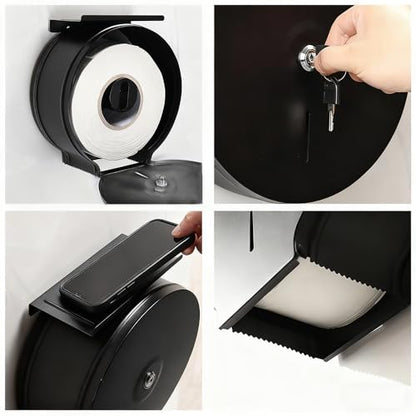 Commercial Jumbo Toilet Paper Dispenser with Shelf, Black Stainless Steel Toilet Paper Holder Wall Mount, 9 Inch Bathroom Tissue Roll Dispenser with Lock Key - color: Black With Shelf