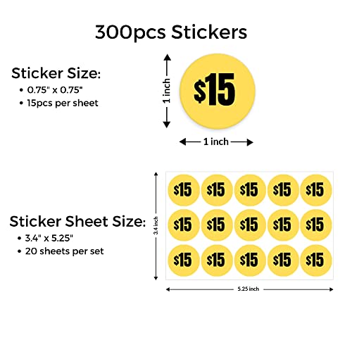 Mobiusea Creation 300pcs 15 Dollar Price Stickers Price Tag Labels 1" - size: 15 Dollars | 300pcs