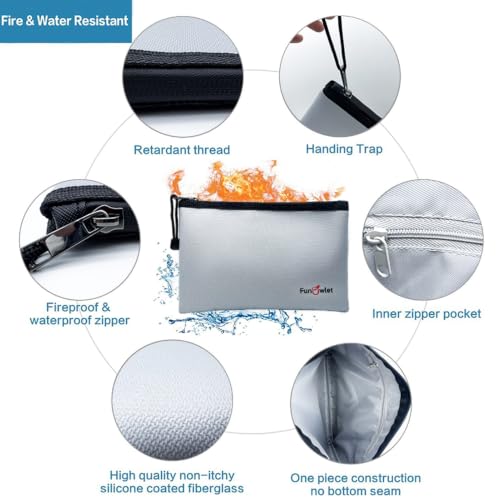 Fireproof Waterproof Money Document Bag, 2Pack Safe Pouch Gray - color: Gray