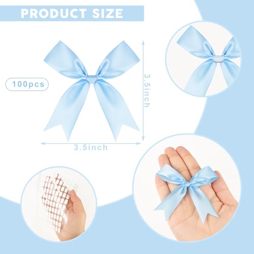 Baby Blue Bows 100Pcs 3.5Inch Pre-Tied Satin Bows Ribbon with Adhesive Dots - color: Baby Blue, size: 100 PCS
