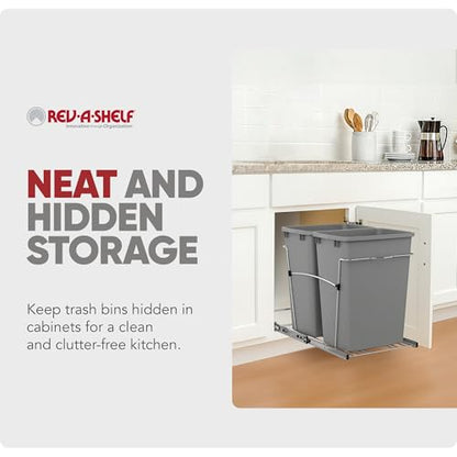 Rev-A-Shelf Double Pullout Garbage Trash Cans for Kitchen Cabinets, 35 Qt - color: Metallic Silver
