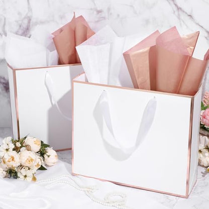 ReliThick 12 Pack Paper Gift Bag with Handles & Tissue, Rose Gold, White - color: Rose Gold, White