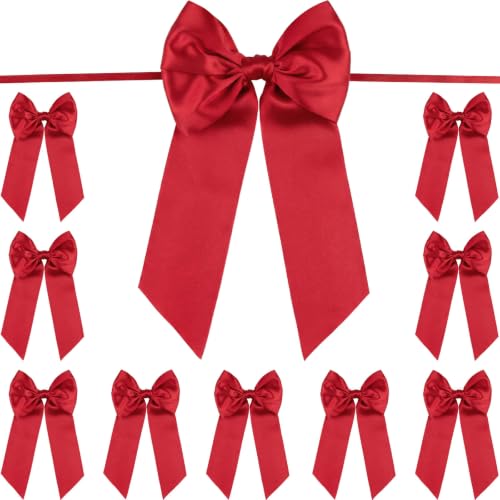Red Satin Bows for Christmas Tree Decorations 10 Pack, Pre-Tied Long Tail Ribbon Bows for Wreath Garland Stair Gift Hair Crafts, 6.3 x 11.8 Inch Bow with Tie - color: Red