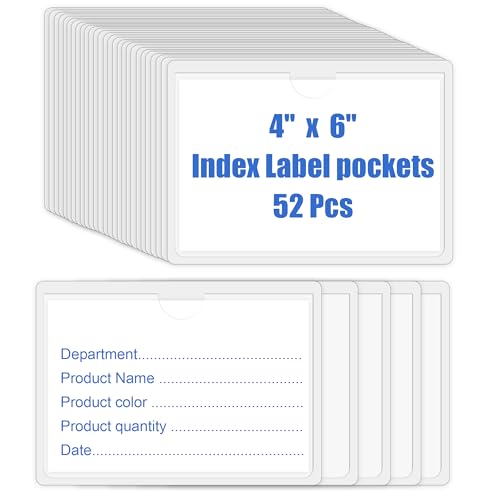 52 Pcs Clear Index Card Holder Self-Adhesive 4"X6" Top Open Label Holder - size: 4*6
