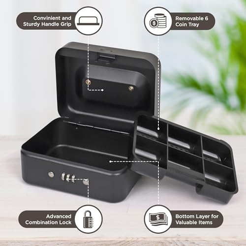 Darice Cash Lock Box - Medium Money Cash Box With Money Tray and Lock - Safety Box Money Holder - Organizer for Bills, Coins - Convenient Handle (4.75" x 6" x 3" Black) - size: Medium
