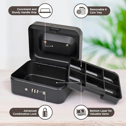 Darice Cash Lock Box - Medium Money Cash Box With Money Tray and Lock - Safety Box Money Holder - Organizer for Bills, Coins - Convenient Handle (4.75" x 6" x 3" Black) - size: Medium
