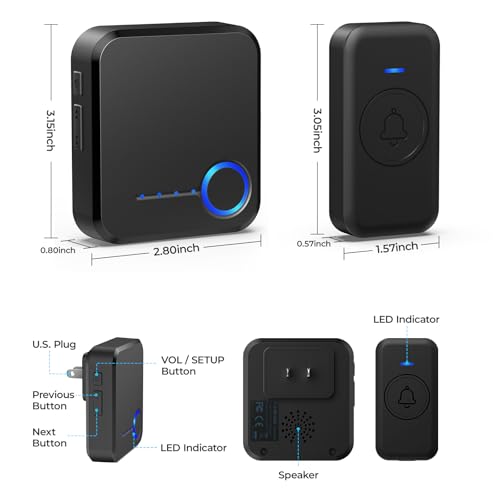 Wireless Doorbell 1000ft Range, Loud Waterproof Door Bell with 60 Melodies - color: Black-‎1 receiver +1 push button
