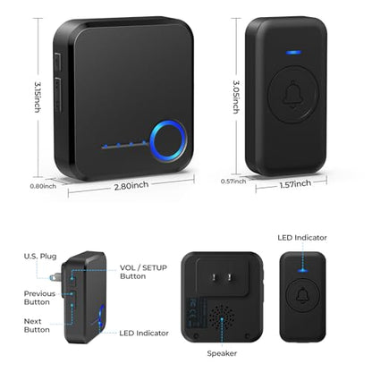 Wireless Doorbell 1000ft Range, Loud Waterproof Door Bell with 60 Melodies - color: Black-‎1 receiver +1 push button