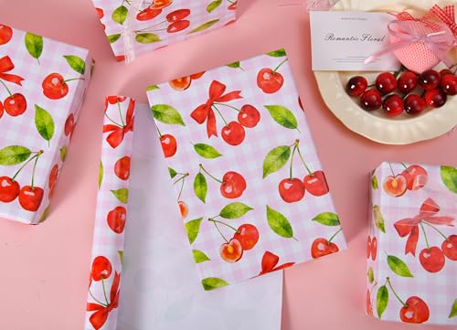 Sikiweiter Cherry Wrapping Paper Roll - 17" x 16.5 ft - Pink Gingham with Red Cherries and Bows - Gift Wrap for Birthday, Party, Baby Shower, Sweet Themes(Cherry) - color: Cherry