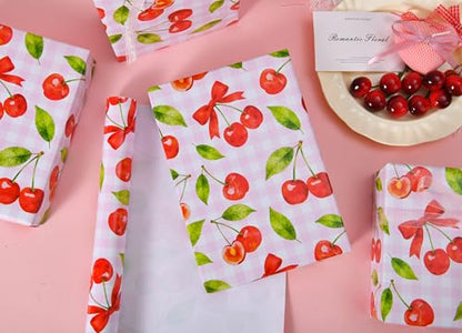Sikiweiter Cherry Wrapping Paper Roll - 17" x 16.5 ft - Pink Gingham with Red Cherries and Bows - Gift Wrap for Birthday, Party, Baby Shower, Sweet Themes(Cherry) - color: Cherry