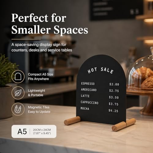 Tabletop Menu Display Stand with Magnetic Letters and Writable Board - size: A5 Horizontal (11 × 6.7 in)