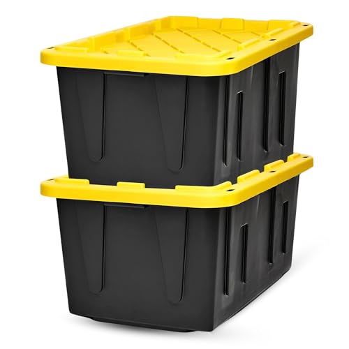 HOMZ Durabilt Plastic Storage Bins with Lids, 27 Gal, Black/Yellow, 2 Pack - color: Black Base/Yellow Lid, size: 27 Gallon (Pack of 2)