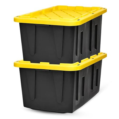 HOMZ Durabilt Plastic Storage Bins with Lids, 27 Gal, Black/Yellow, 2 Pack - color: Black Base/Yellow Lid, size: 27 Gallon (Pack of 2)
