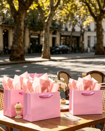 qiqee Pink Gift Bags, Medium Size, 9.6"x7.9"x4.3", 24PCS - color: Pink, size: 24 Count (Pack of 1)