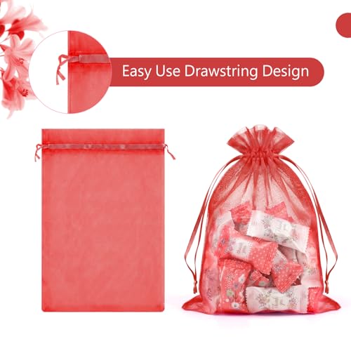 FUNFERY 100Pcs Red Organza Bags 5x7 in,Small Mesh Drawstring Gift Bag - color: Classic Red