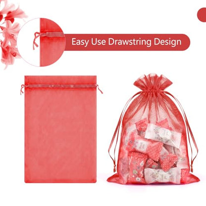FUNFERY 100Pcs Red Organza Bags 5x7 in,Small Mesh Drawstring Gift Bag - color: Classic Red