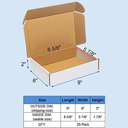 Wowxyz Shipping Boxes 9x6x2" 25 Pack White Corrugated Cardboard Box - size: 9x6x2"