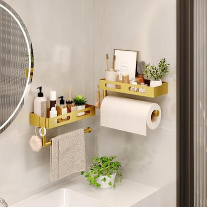 Paper Towel Holder Wall Mount for Kitchen, Paper Towel Holder with Shelf for Bathroom, RV Paper Towel Rack with 2 Hooks, Gold - color: Gold