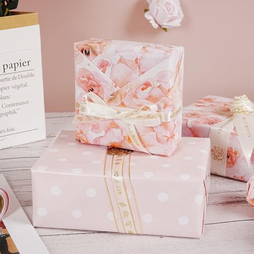 Floral Wrapping Paper Roll, Reversible Pink Wrapping Paper for Women Girls, Pink Rose White Polka Dot Design, Flower Gift Wrap Paper for Birthday Wedding Baby Shower Bridal Shower, 17Inch x 33Feet - color: Pink
