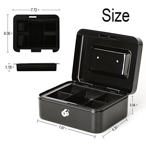 Decaller Cash Box with Money Tray, Medium Metal Locking Money Box with Key Lock for Security, 7.87" x 6.30" x 3.54", Black - color: Black, size: Medium (7.8 Inch)