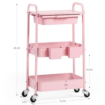 KINGRACK 3 Tier Metal Rolling Cart with Drawer, Pink Utility Storage Cart - color: Pink