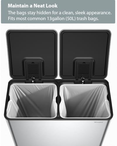 Dual Trash and Recycling Bins for Kitchen, 2*13.2 Gal Dual Trash Can,Silver - color: Silver, size: 2 * 13.2 Gallon