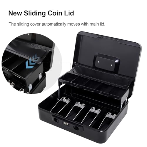 Jssmst Metal Cash Box with Money Tray and Lock, Portable Cash Drawer, 11.8" - color: Black Code-B