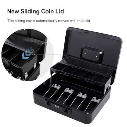 Jssmst Metal Cash Box with Money Tray and Lock, Portable Cash Drawer, 11.8" - color: Black Code-B